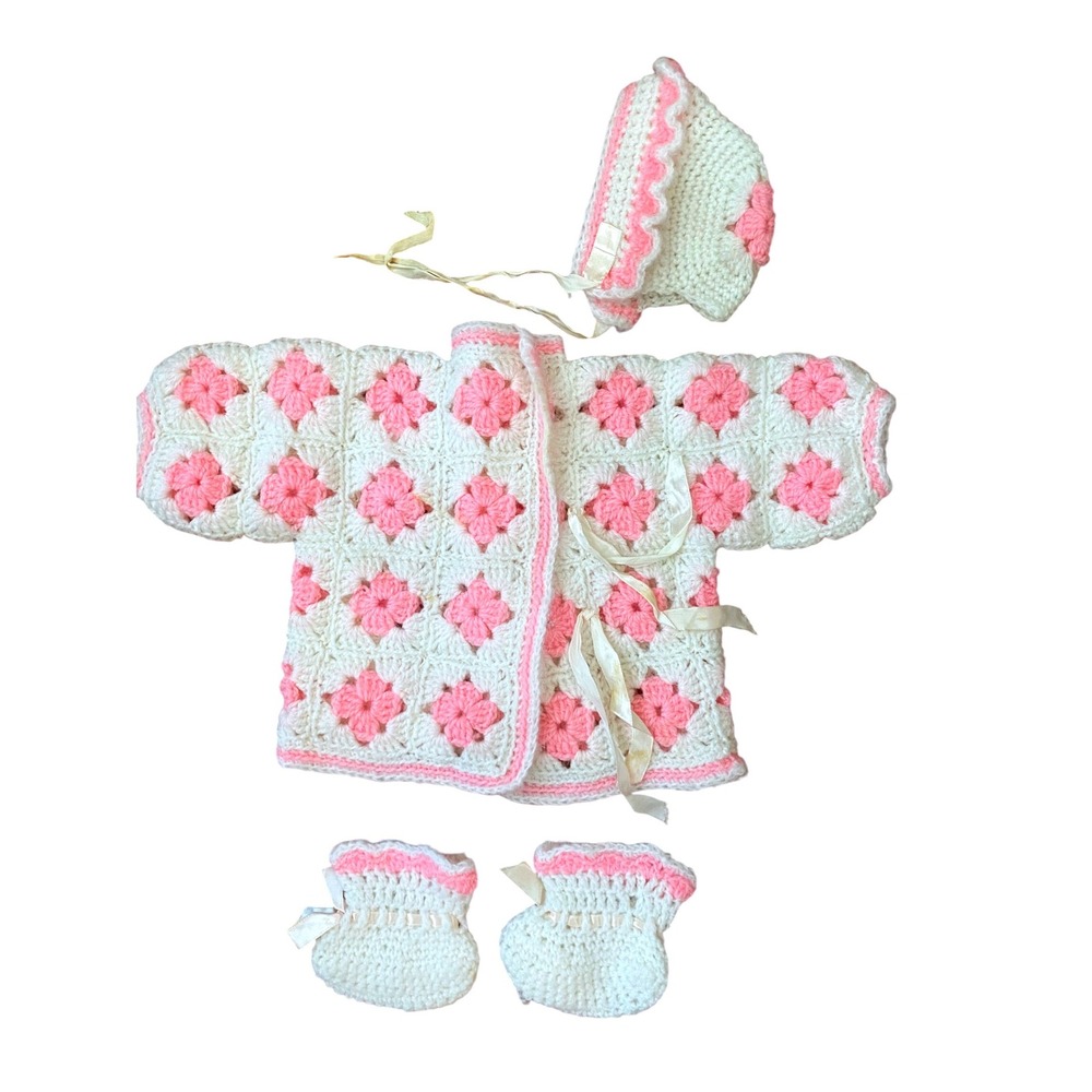 VTG Handmade Crochet newborn Set Granny Square Cardigan Bonnet Booties Pink